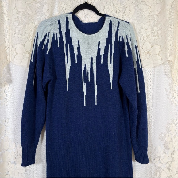 Vintage 80s Knit Sweater Dress Navy Blue Grey Long Sleeve Belted Size Medium - Picture 4 of 9